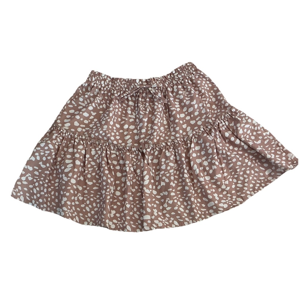 Women's Smocked Tie Waist Tiered Short Skirt Ruffles Tan White Casual Boho XL‎